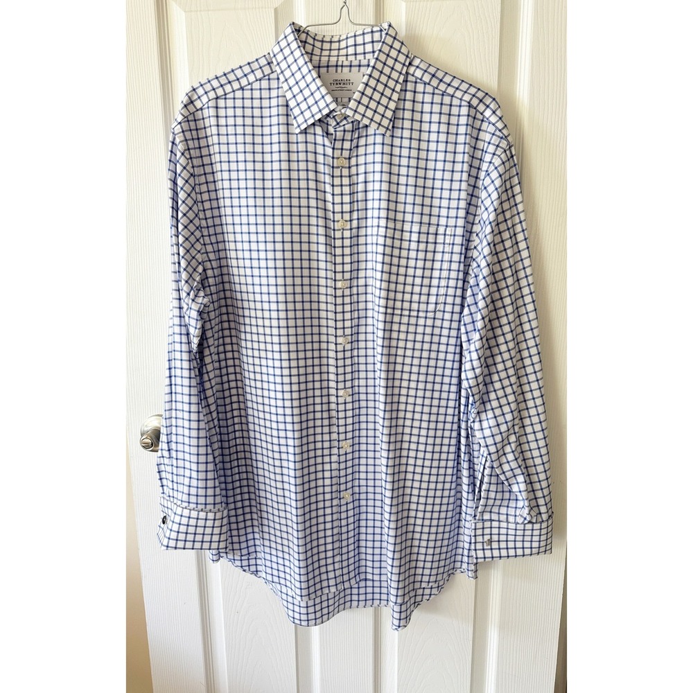 Charles‎ Tyrwhitt Mens Blue White Check Non Iron Classic Fit Dress Shirt 17.5/35